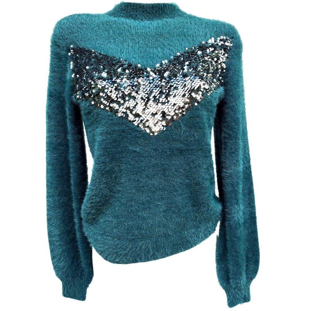 Cara Santana X Nine West Womens Sequin Sweater Emerald Green Size XS Collab